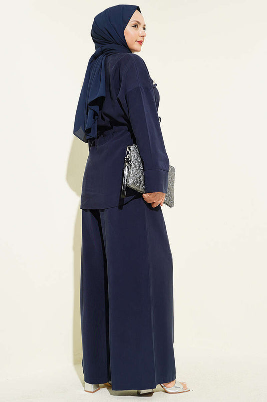 Double Pocket Covered Waist Tunnel Tencel Two-Piece Set Navy Blue