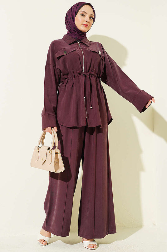 Double Pocket Covered Waist Tunnel Tencel Two-Piece Set Burgundy