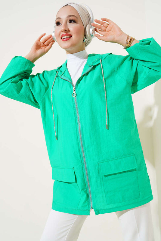 Çift Cep Kapaklı Fermuarlı Kap Neon Yeşil