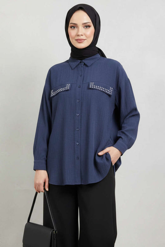 Double Pocket Flap Studded Tunic Navy Blue
