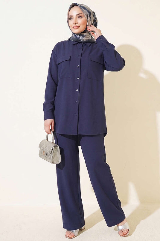 Double Pocket Basic Two-Piece Set Navy Blue