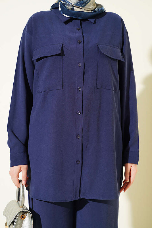 Double Pocket Basic Two-Piece Set Navy Blue
