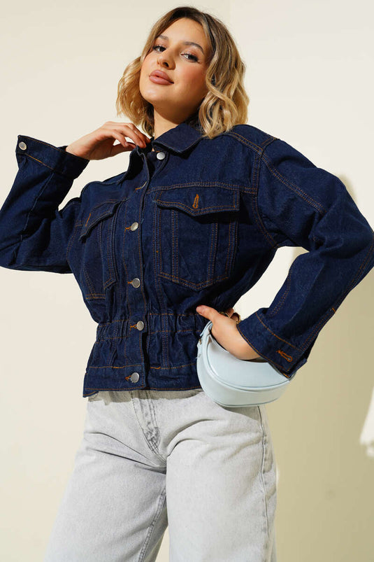 Veste en jean bleu marine avec double poche et taille élastiquée