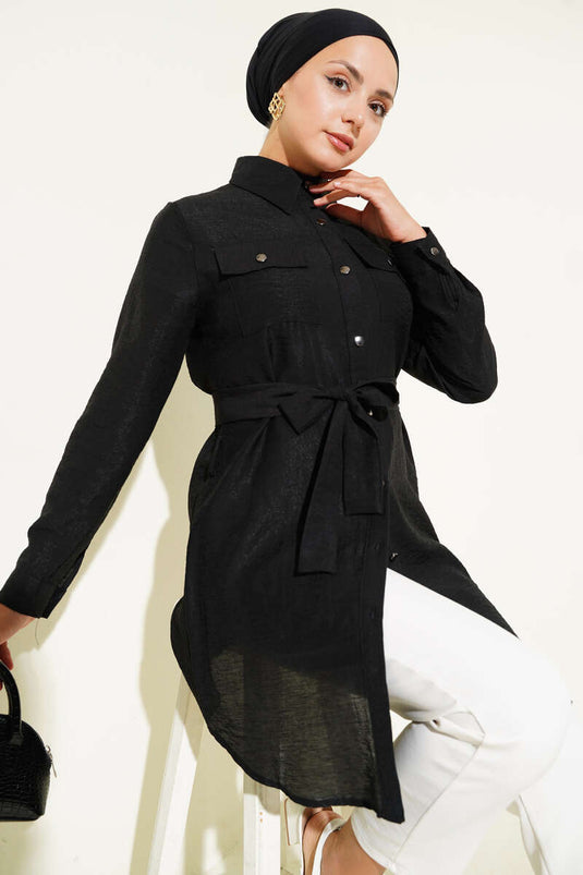 Tuniek met dubbele zakken en tailleband, zwart