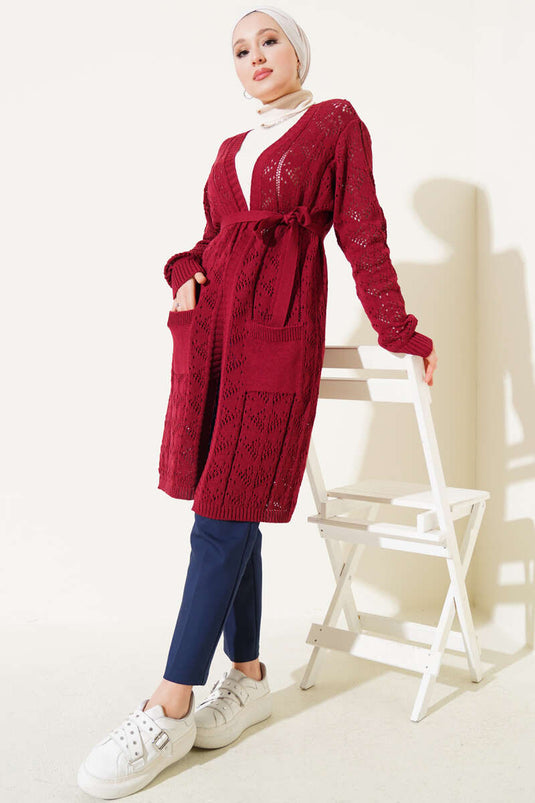 Cardigan en tricot avec ceinture et poches doubles Rouge bordeaux