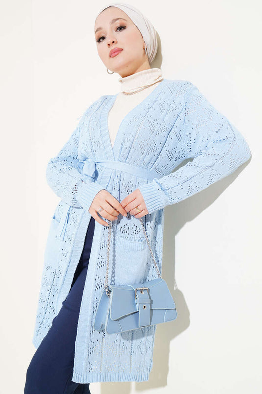 Cardigan en tricot perforé à double poche et ceinture bleu