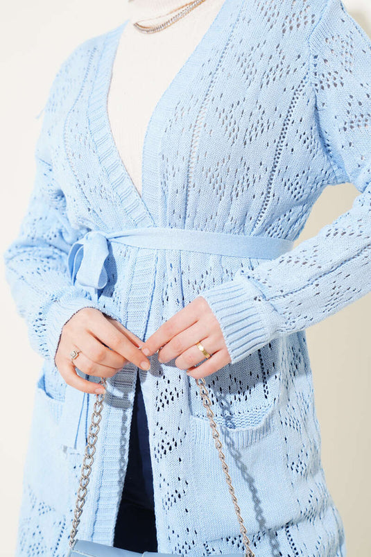 Cardigan en tricot perforé à double poche et ceinture bleu