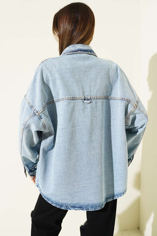 جاكيت جينز بتفاصيل جيب مزدوج، لون أزرق جينز