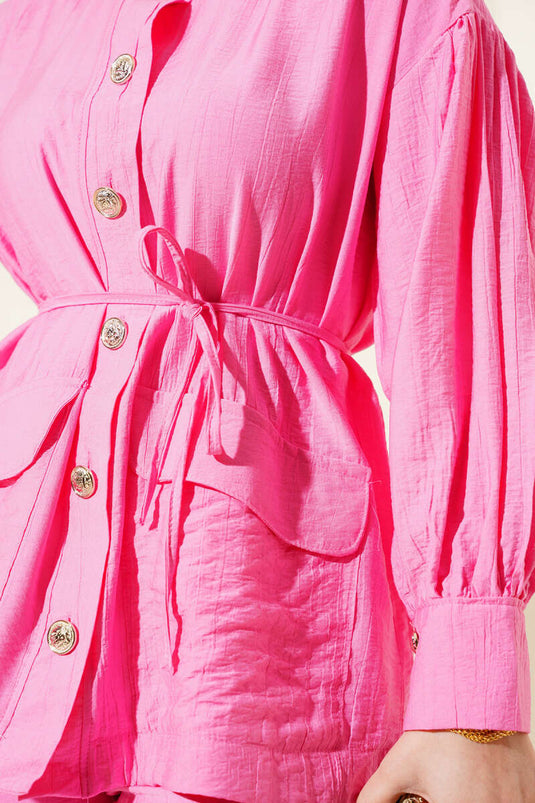 Double Pocket Buttoned Belted Two-Piece Set Pink