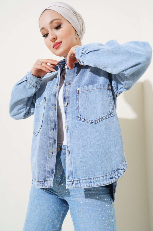 Veste en jean boutonnée à double poche bleu denim