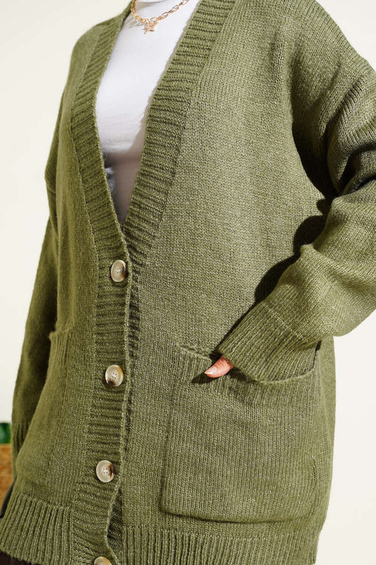 Gilet En Maille À Double Poches Et Boutons, Vert Sauge