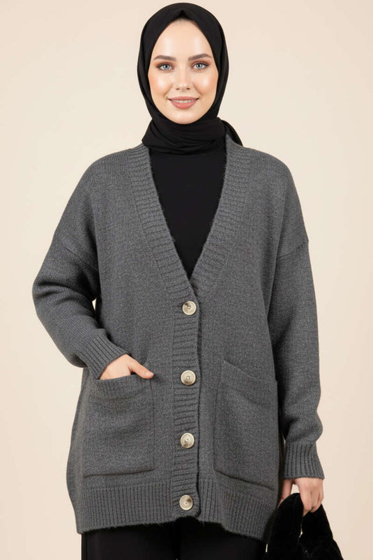Gilet En Maille À Double Poches Et Boutons, Gris Fumé