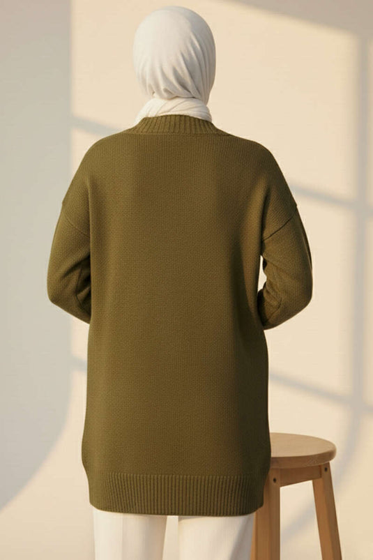 Cardigan in maglia con bottoni e doppia tasca color cachi