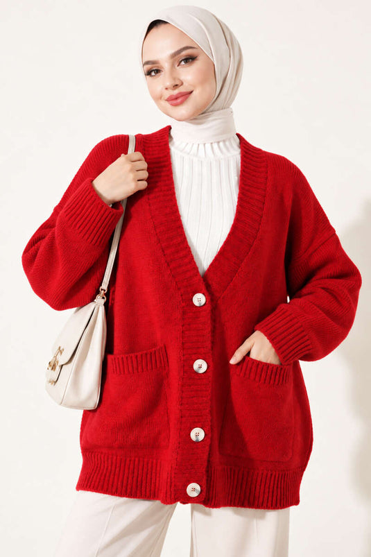 Red Double Pocket Buttoned Knit Cardigan