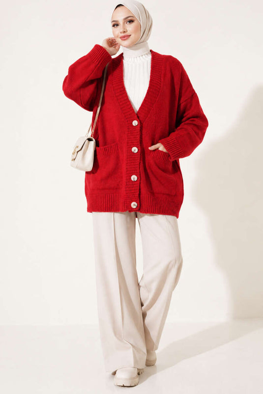 Red Double Pocket Buttoned Knit Cardigan