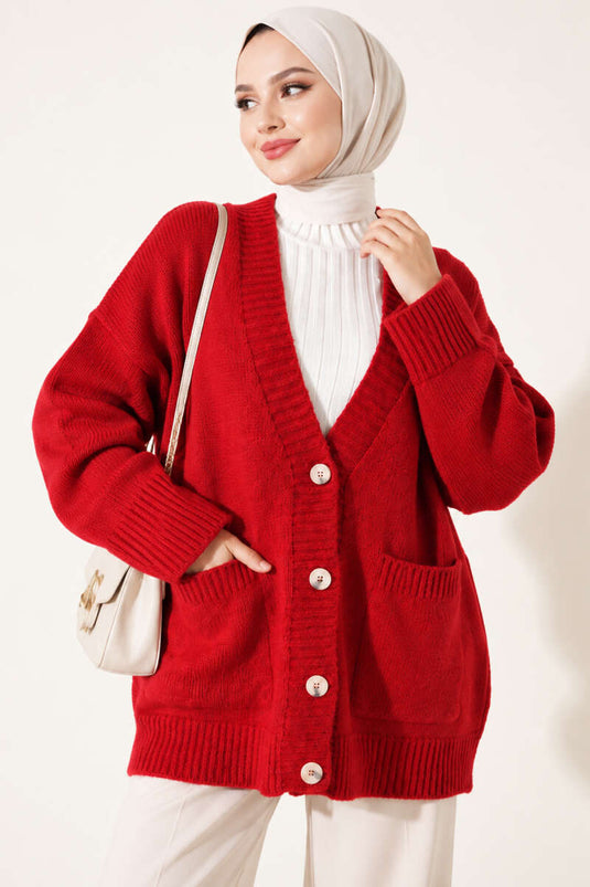 Red Double Pocket Buttoned Knit Cardigan