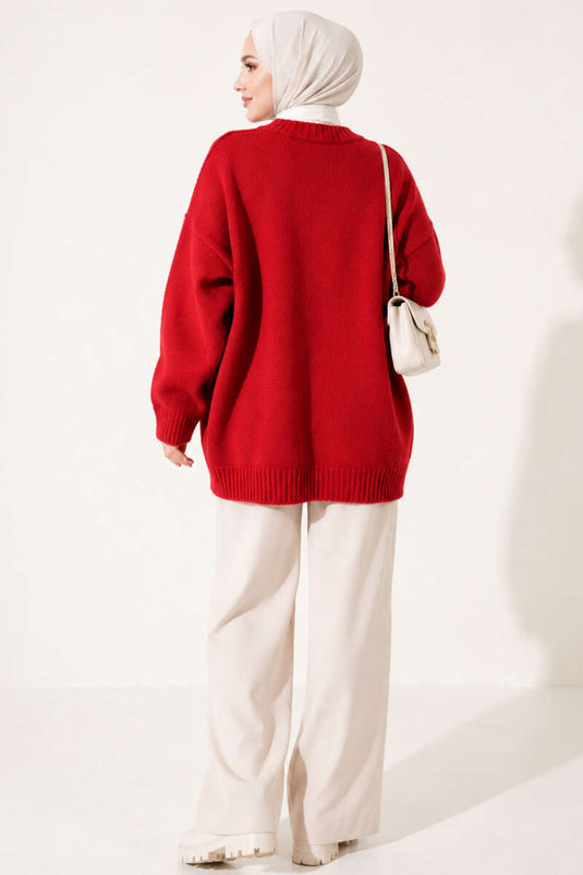Red Double Pocket Buttoned Knit Cardigan