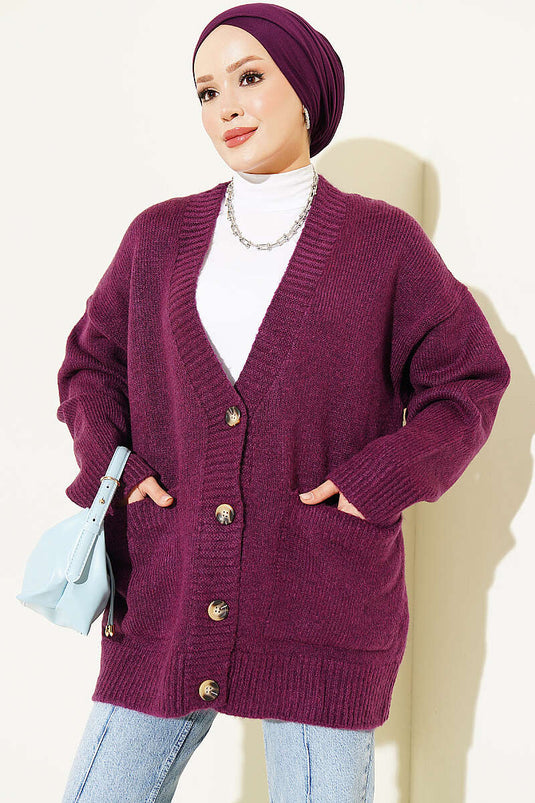 Cardigan In Maglia Viola Con Doppi Tasche E Bottoni