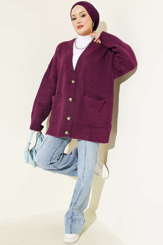 Cardigan In Maglia Viola Con Doppi Tasche E Bottoni
