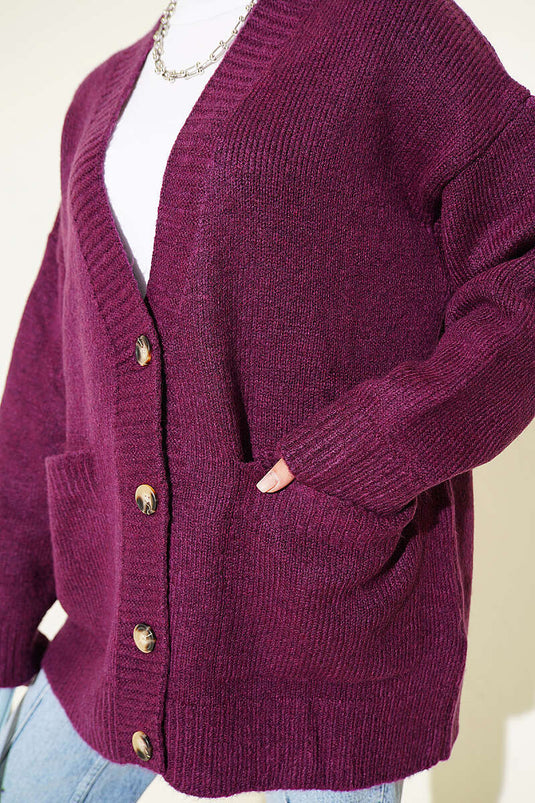 Cardigan In Maglia Viola Con Doppi Tasche E Bottoni