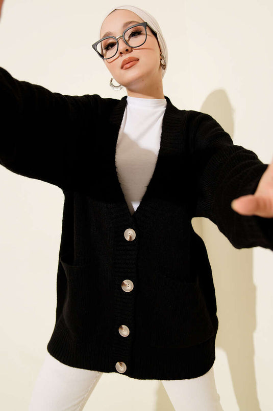Gilet En Maille Noir À Double Poches Et Boutons