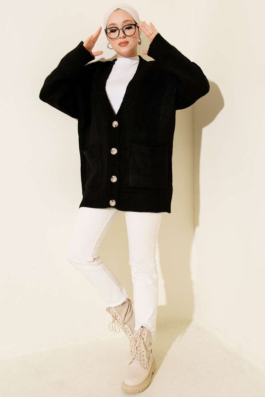 Gilet En Maille Noir À Double Poches Et Boutons