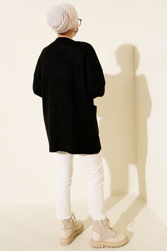 Gilet En Maille Noir À Double Poches Et Boutons