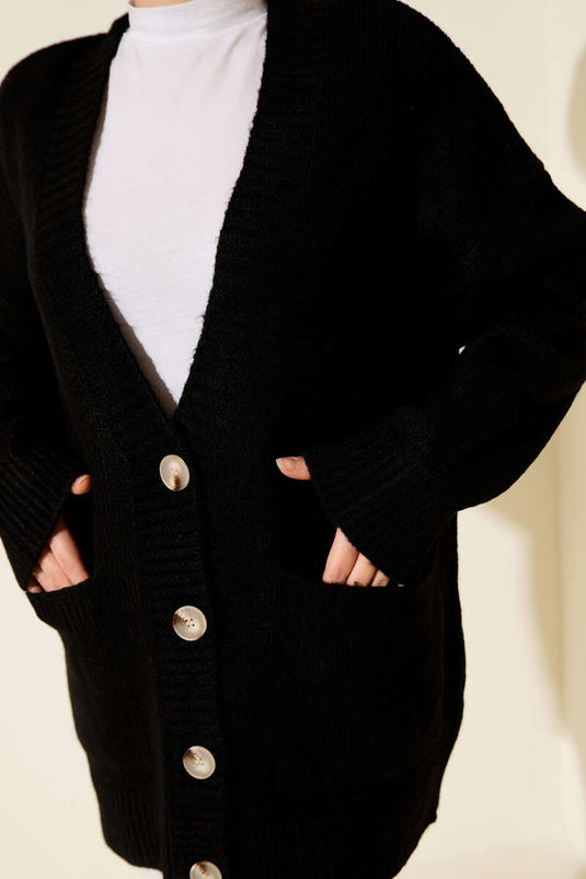Gilet En Maille Noir À Double Poches Et Boutons