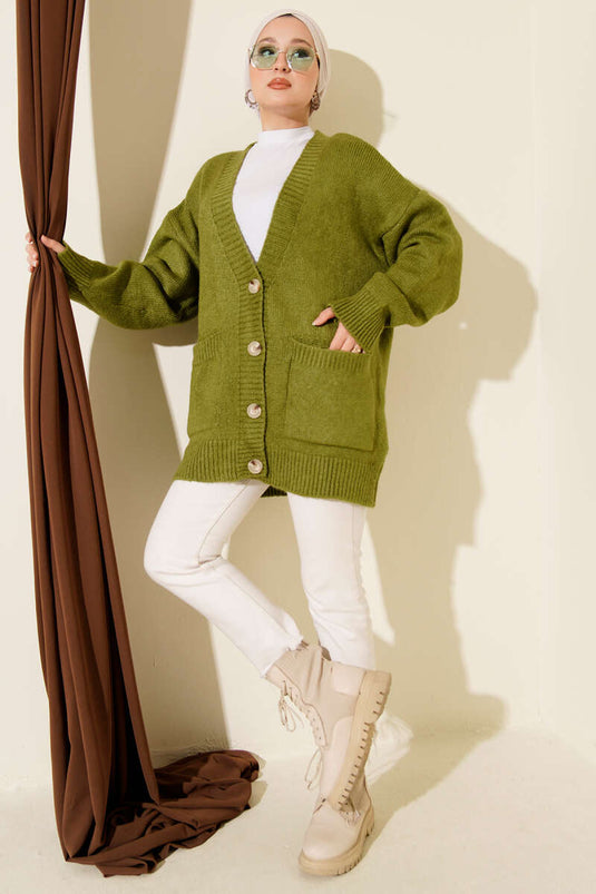 Çift Cepli Düğmeli Triko Hırka Yağ Yeşili