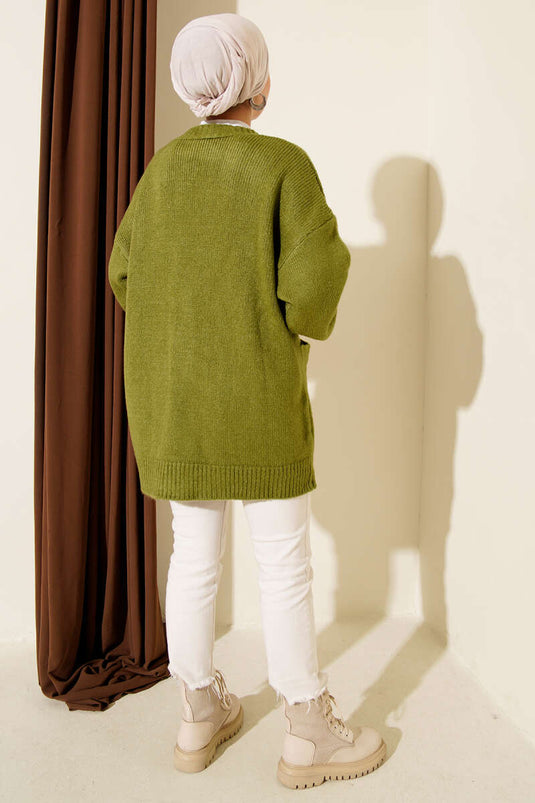 Çift Cepli Düğmeli Triko Hırka Yağ Yeşili
