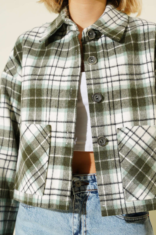 Double Pocket Plaid Short Jacket, Khaki