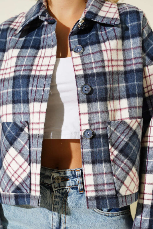 Double-Pocket Plaid Short Jacket, Navy Blue