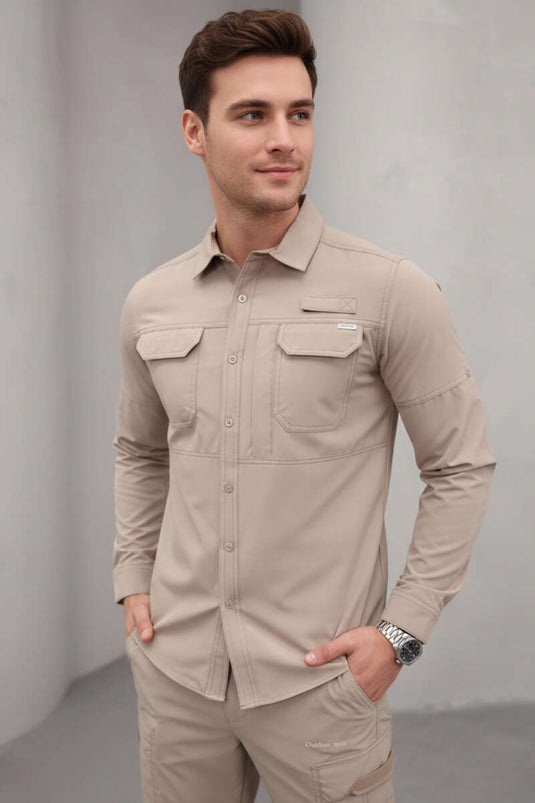 Chemise de chasseur pour homme à double poche beige