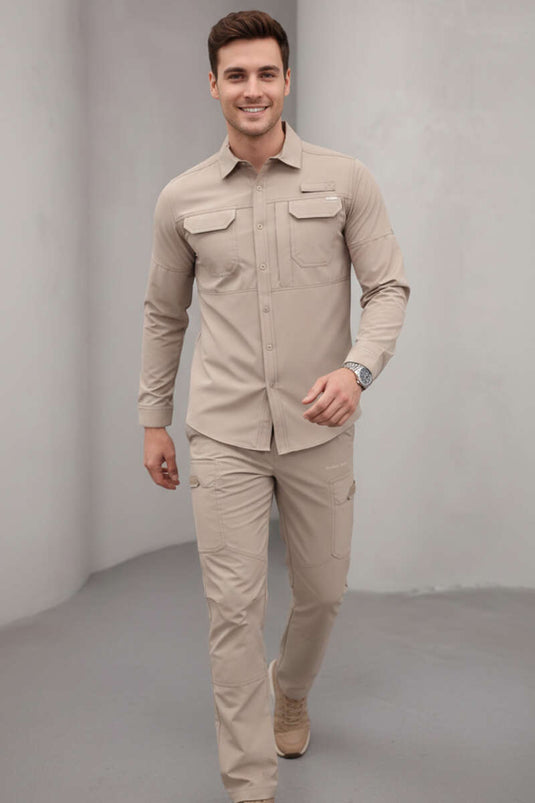 Chemise de chasseur pour homme à double poche beige