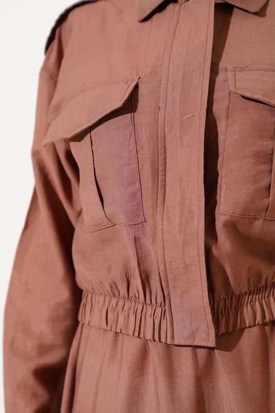 Double Pocket Zippered Skirt Two-Piece Set Brown