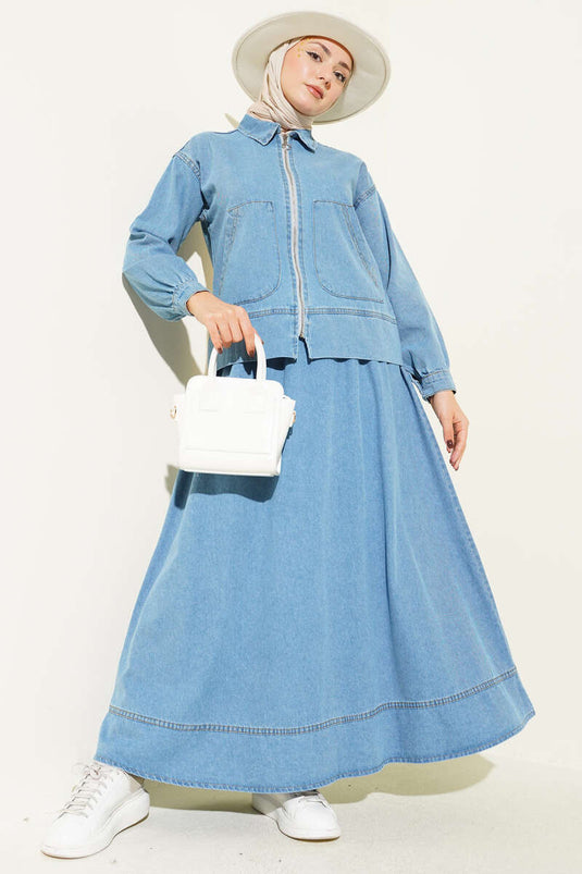 Ensemble jupe en jean à double poche zippée, bleu clair