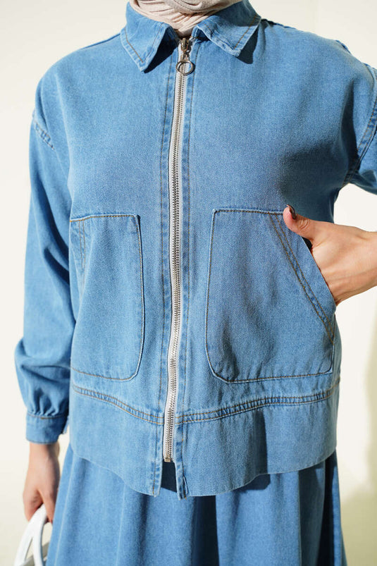 Ensemble jupe en jean à double poche zippée, bleu clair