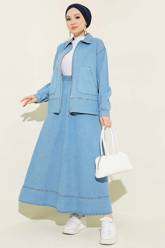 Ensemble Jupe En Jean À Poches Doubles Et Fermeture Éclair, Couleur Bleu Clair