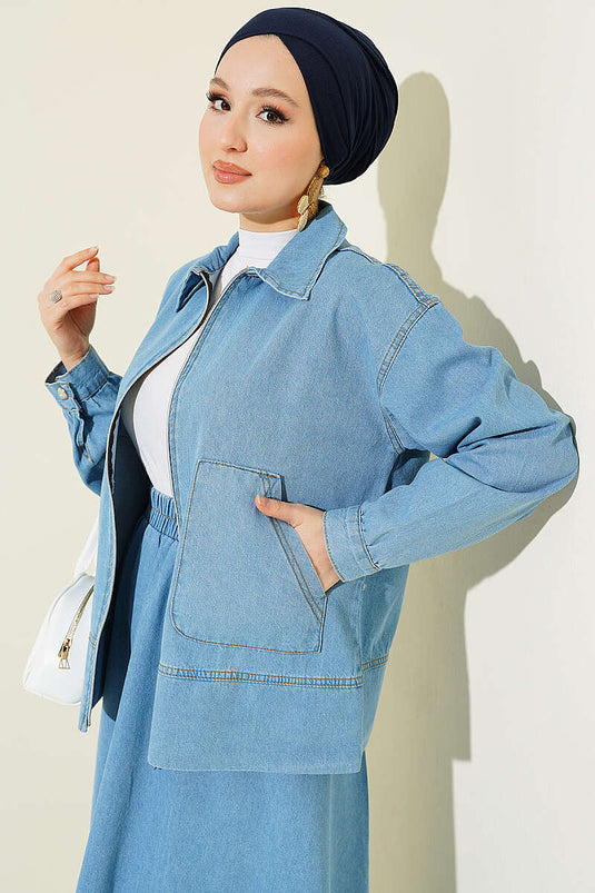 Ensemble Jupe En Jean À Poches Doubles Et Fermeture Éclair, Couleur Bleu Clair