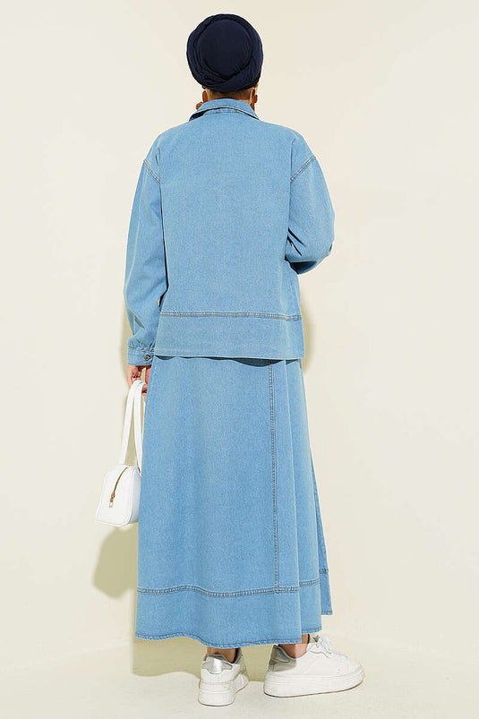 Ensemble Jupe En Jean À Poches Doubles Et Fermeture Éclair, Couleur Bleu Clair