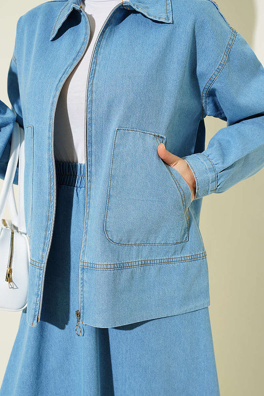 Ensemble Jupe En Jean À Poches Doubles Et Fermeture Éclair, Couleur Bleu Clair