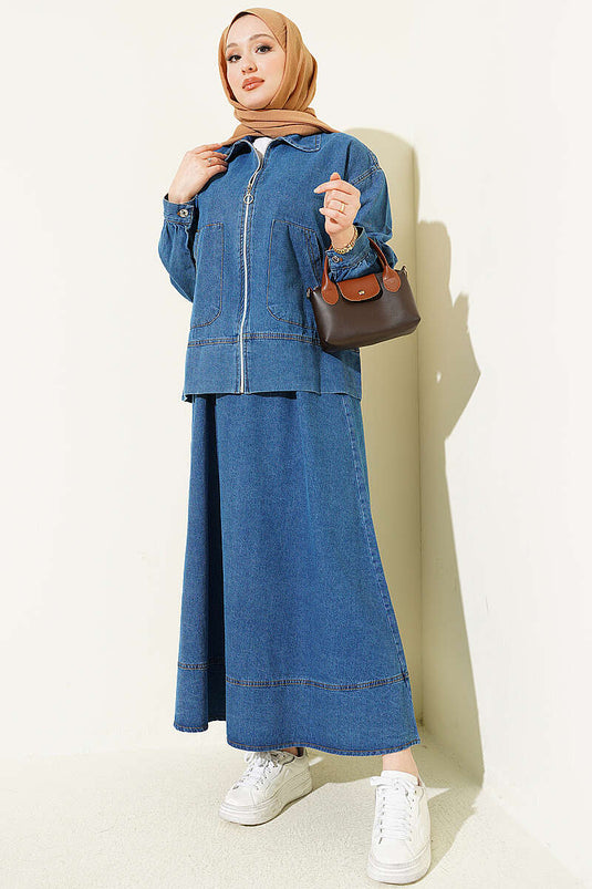 Ensemble En Jean Bleu À Poches Doubles Et Jupe Zippée