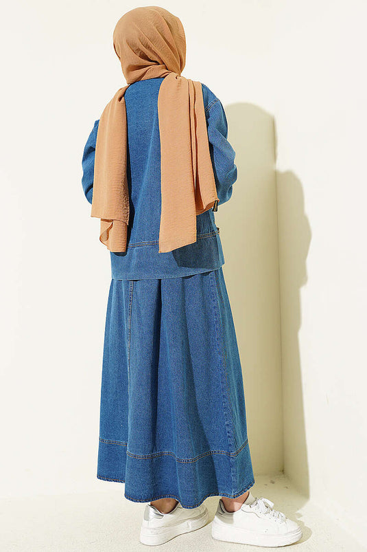 Ensemble En Jean Bleu À Poches Doubles Et Jupe Zippée