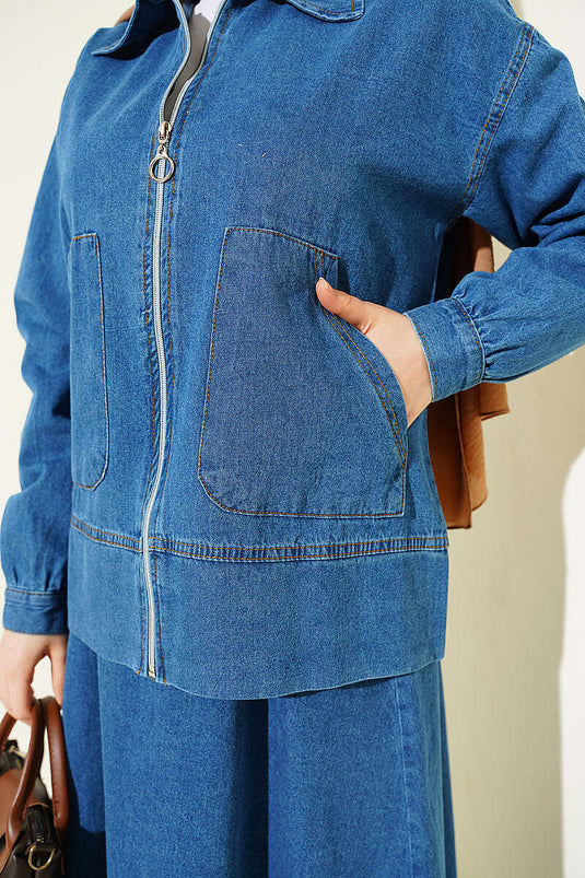 Ensemble En Jean Bleu À Poches Doubles Et Jupe Zippée