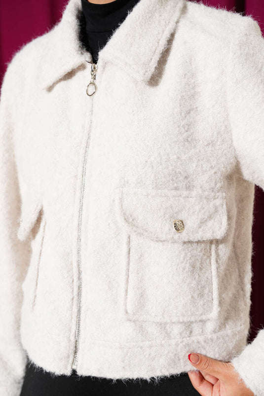 Veste courte zippée à double poche beige