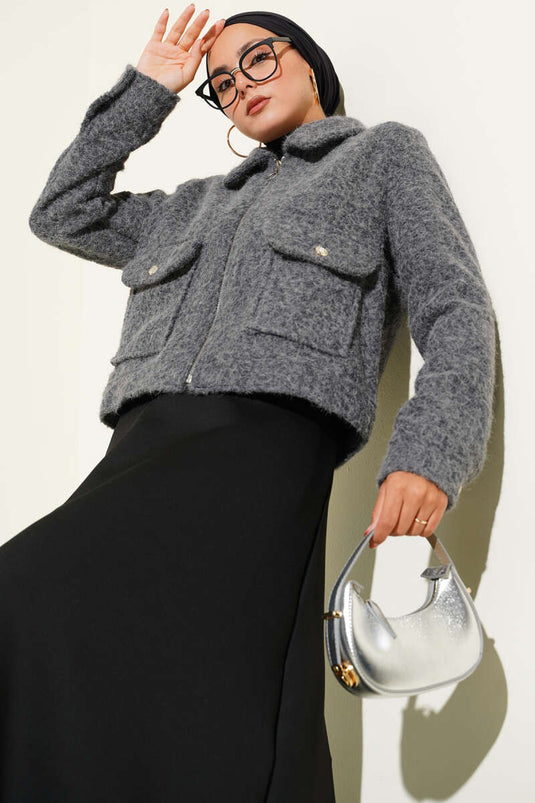 Giacca corta con doppia tasca e cerniera color fumo