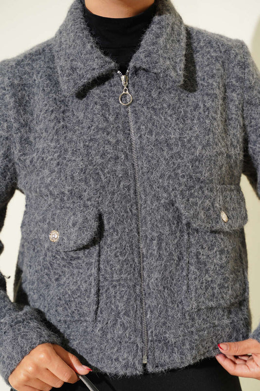 Giacca corta con doppia tasca e cerniera color fumo