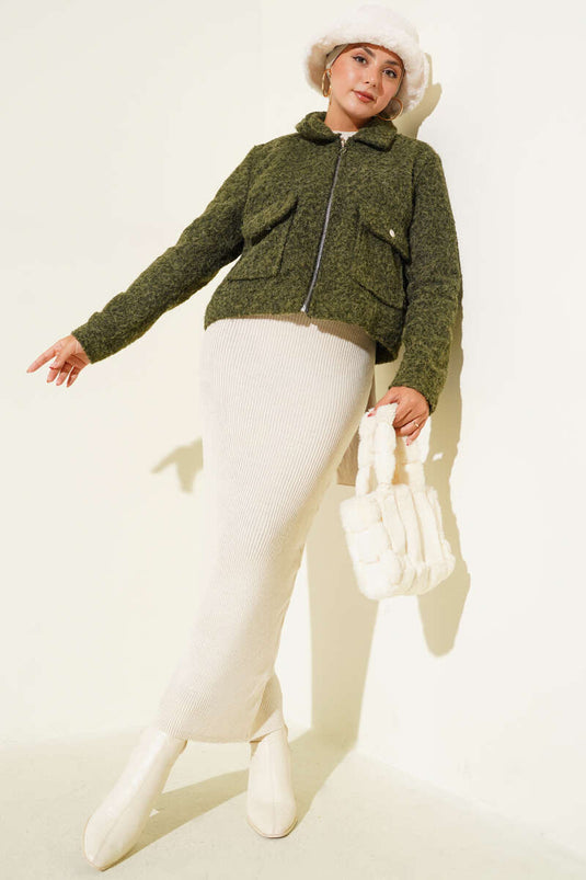 Veste courte zippée à double poche kaki