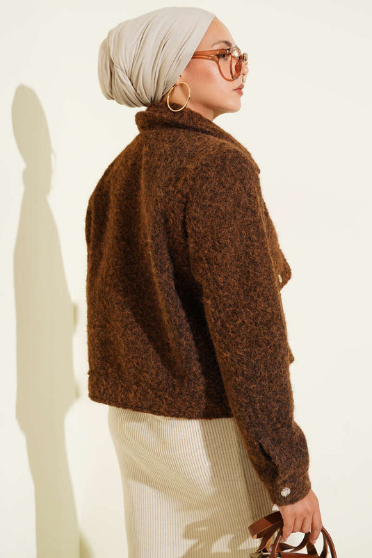 Veste courte zippée à double poche marron