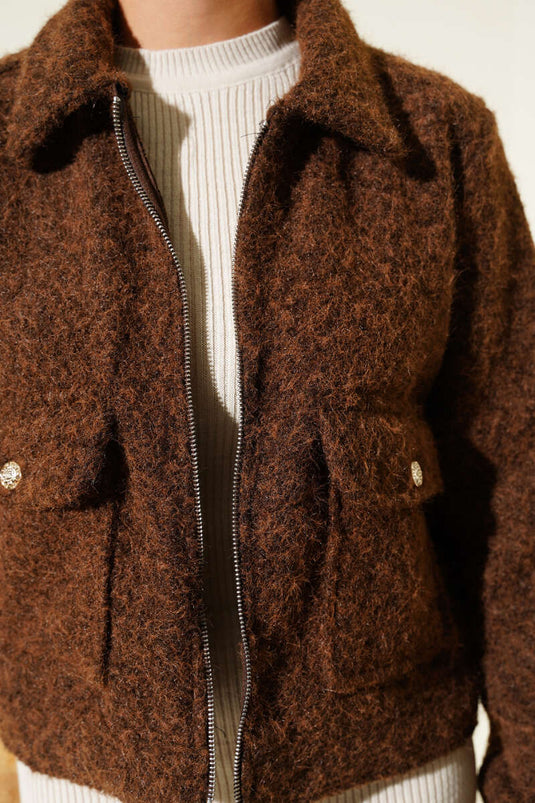 Çift Cepli Fermuarlı Kısa Ceket Kahve